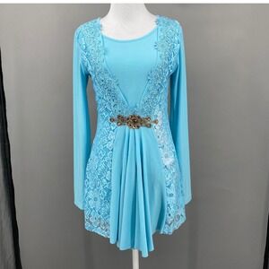 Mindful Souls Turquoise Blue Lace Tunic Top Rhinestone Crystal Womens 4 Fairy
